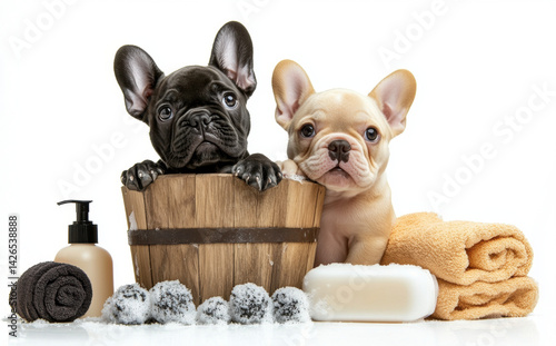 Two adorable French Bulldog puppies in wooden bucket surrounded by towels and soap, creating playful and cute scene