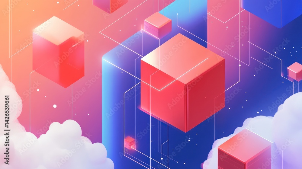 Obraz premium Colorful geometrical cubes float above clouds in an abstract representation