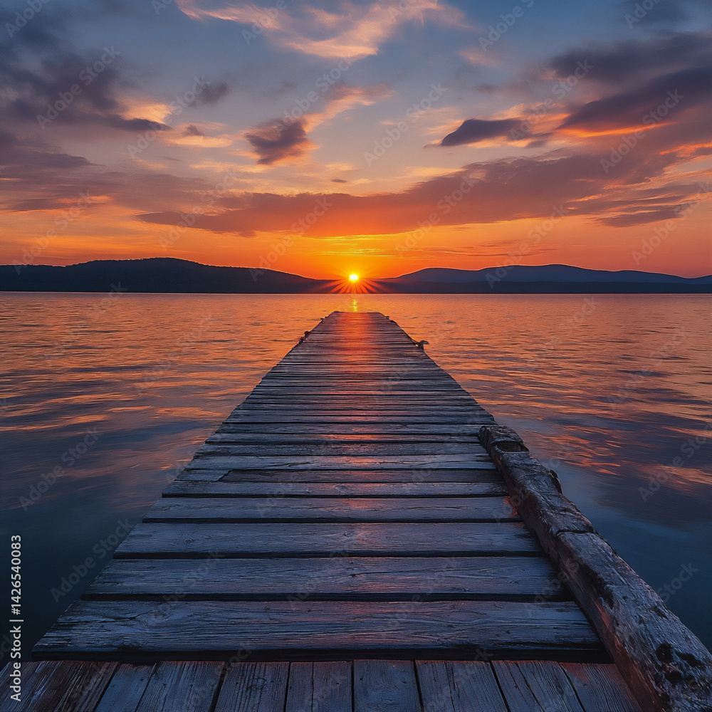 empty dock leading to a sunset over a calm lake (summer), empty dock leading to a sunset over a calm lake (summer),