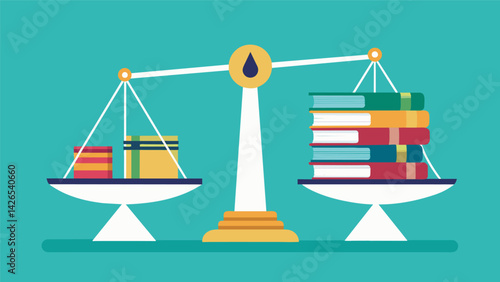 A scale with stacks of money on one side representing retirement savings and a large pile of books labeled student debt weighing down the other side.. Vector illustration