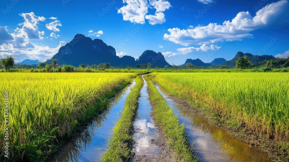Obraz premium A rural path between rice fields with water reflections and distant mountains