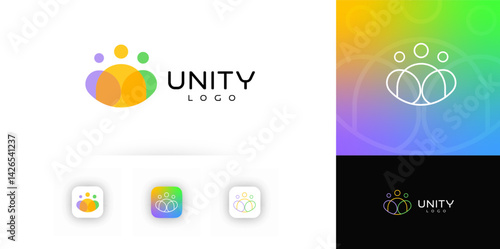Modern Unity Logo Featuring Abstract Human Figures In Overlapping Circle Shapes With Vibrant Colors. Ideal For Community, Teamwork, Or Nonprofit Branding. Vector Illustration.