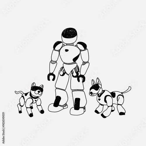 Human & dog robots line art illustration vector