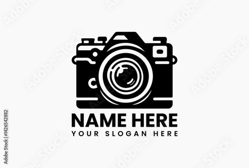 Sleek black camera silhouette with subtle lens details, modern photography logo for studios and professionals
