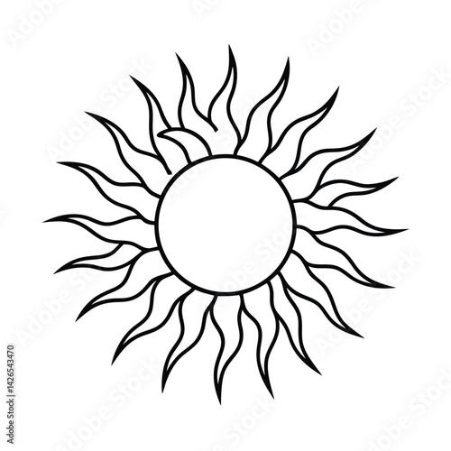 Minimalist sun illustration with sharp rays in black and white outline design