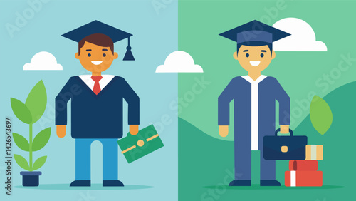 A before and after depiction of a college graduate with and without student debt highlighting the stark contrast in financial stability and. Vector illustration