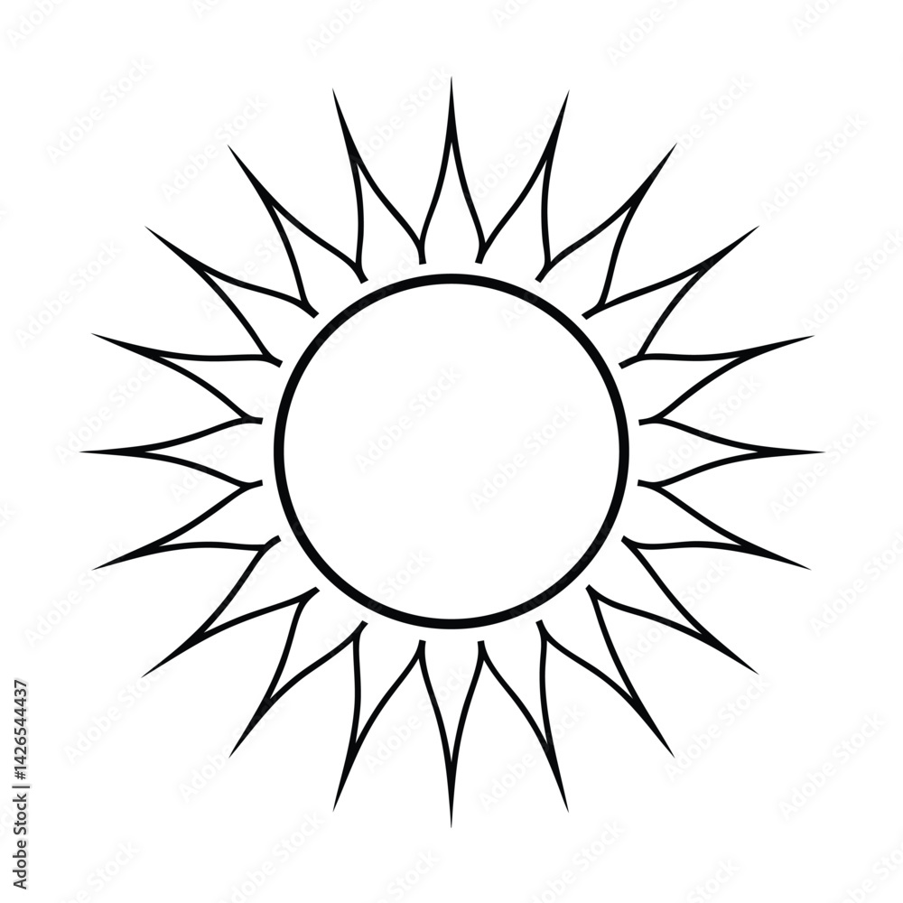 Simple black and white sun icon graphic with bold outlines and spikes Simple black and white sun icon graphic with bold outlines and spikes