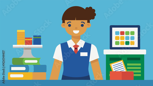 A person in a school uniform and a retail store employee badge balancing textbooks and a cash register at the same time.. Vector illustration