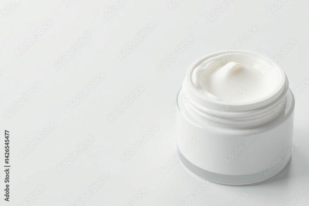 Close-up of pristine white cosmetic product on seamless white background, makeup, unblemished Close-up of pristine white cosmetic product on seamless white background, makeup, unblemished