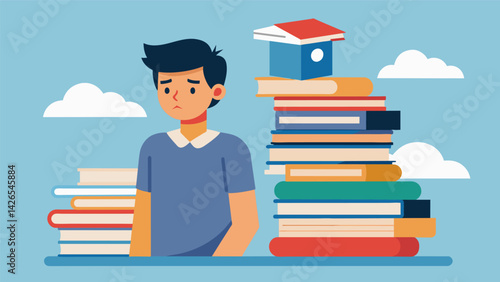 A stack of textbooks and course materials tower over an international student as they contemplate whether or not they can afford to purchase. Vector illustration