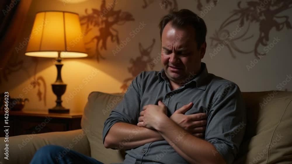 Middle-Aged Man Suffering from Chest Pain on Couch Middle-Aged Man Suffering from Chest Pain on Couch