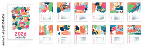 Calendar 2026 A4 with Abstract Elements. Abstract calendar. Week start from Sunday. Hand Drawn Vector Art. 