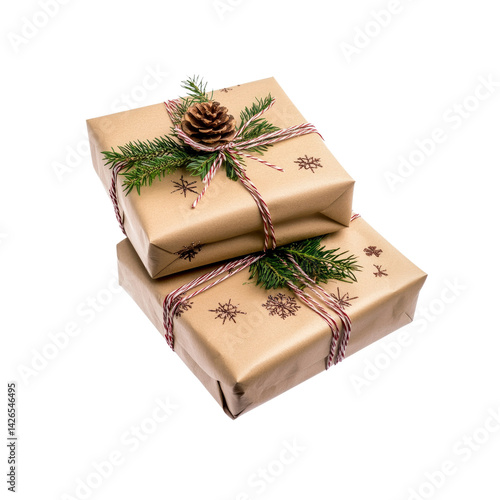 Two Eco-Friendly Christmas Gifts Wrapped in Kraft Paper with Pine Cone and Twine