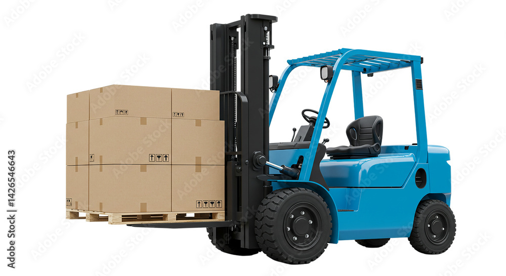 A blue forklift carrying a pallet stacked with cardboard boxes against a black background in a warehouse A blue forklift carrying a pallet stacked with cardboard boxes against a black background in a warehouse