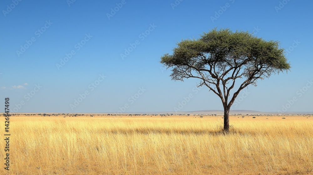 Lone acacia tree in golden savanna landscape under a clear sky Lone acacia tree in golden savanna landscape under a clear sky