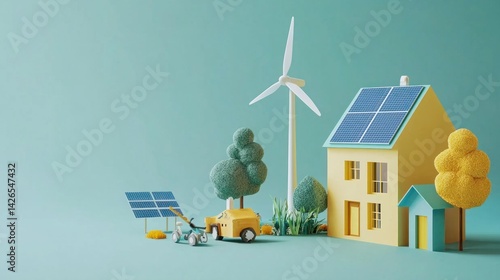 A sustainable energy solution, showing green energy sources like solar panels, wind turbines, and energy-efficient buildings working together