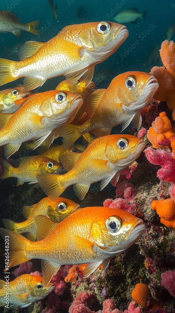 Naklejka premium Vibrant Orange Reef Fish School Underwater
