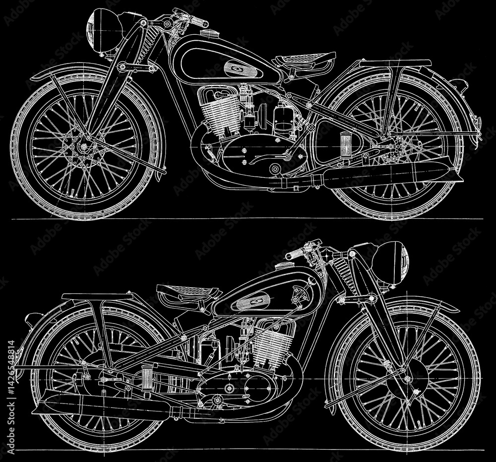 Fototapeta premium Engineering mechanical drawing of biker motorcycle. Technical computer cad scheme. Mechanic background. Technology design documentation on white paper sheet of machine building industry.