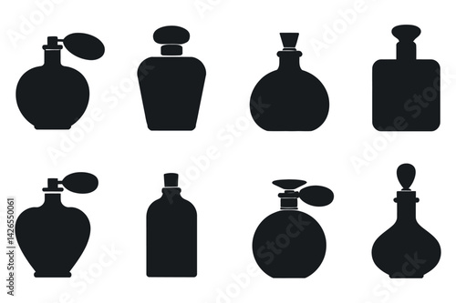 Elegant Perfume Bottles Silhouettes Collection In Vector Format Perfect For Cosmetic Branding And Minimalist Design Projects