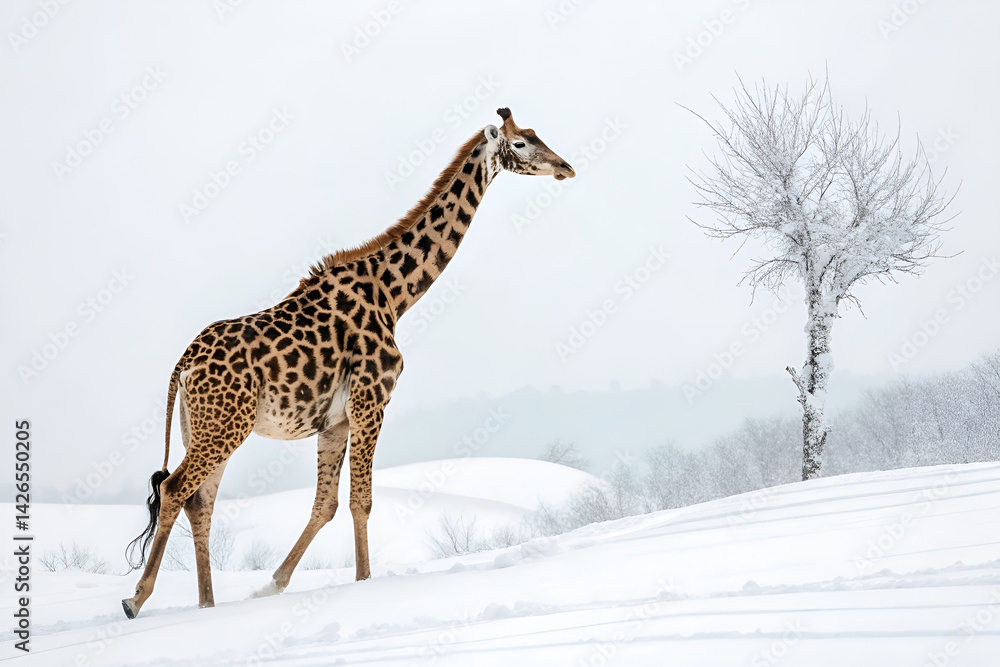 Obraz premium A tall, spotted giraffe, a wild mammal with a long neck, stands isolated in its natural savannah habitat