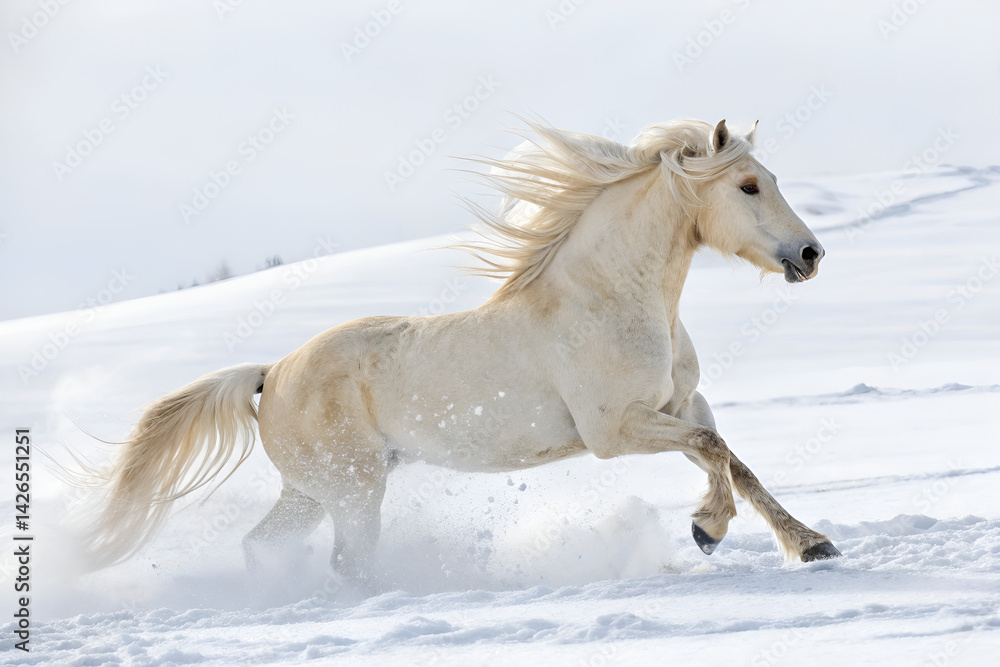 Fototapeta premium A beautiful white equine gallops through the snowy winter landscape