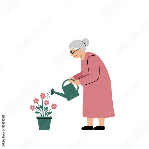 Elderly woman watering flowers, happy, tending to plants, minimalistic background  