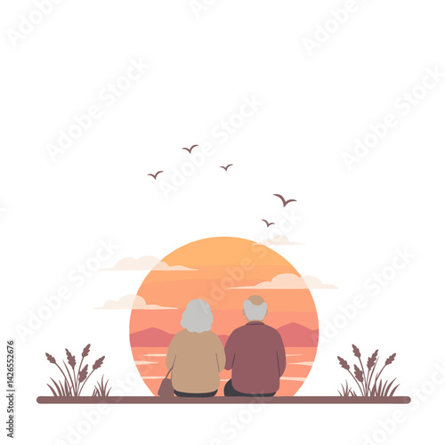 Senior couple watching sunset in tranquil scenery  