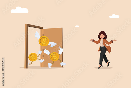 Financial Attraction concept showing a woman welcoming money, symbolizing financial success.
