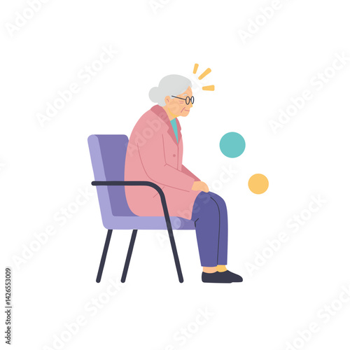 Elderly woman sitting in coat indoors looking worried  