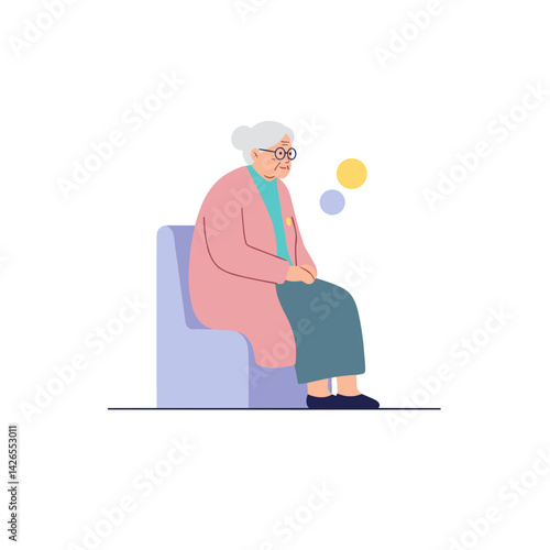 Elderly woman sitting in coat indoors, feeling contemplative  