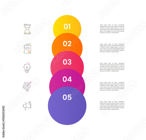 Vector infographic design template. Vertical modern timeline concept with 5 steps, circles. Vector illustration used for diagram, workflow layout, banner, webdesign