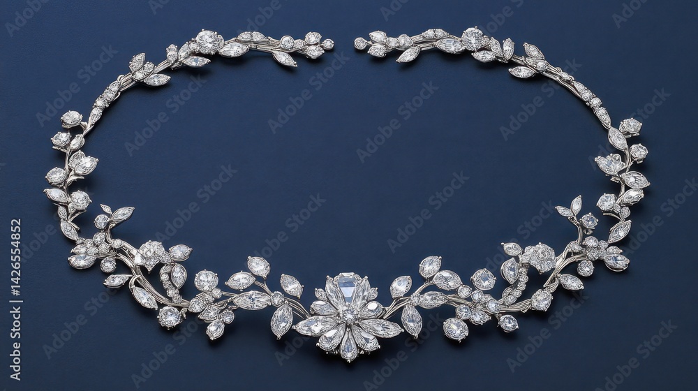 Sparkling diamond necklace on a luxurious dark blue background, showing refined design and glimmering stones Sparkling diamond necklace on a luxurious dark blue background, showing refined design and glimmering stones