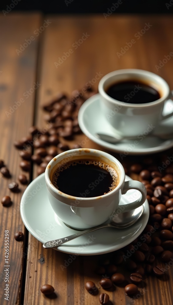 Photo of coffee cups and beans on a rustic wooden table, cup, mockup Photo of coffee cups and beans on a rustic wooden table, cup, mockup