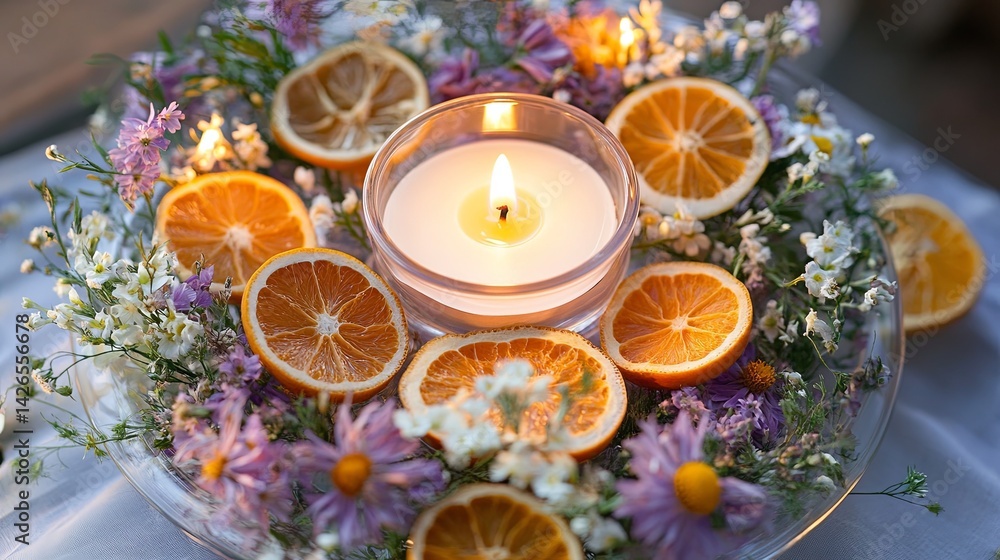 Wildflower centerpiece with soy candles and dried citrus slices . Wildflower centerpiece with soy candles and dried citrus slices .