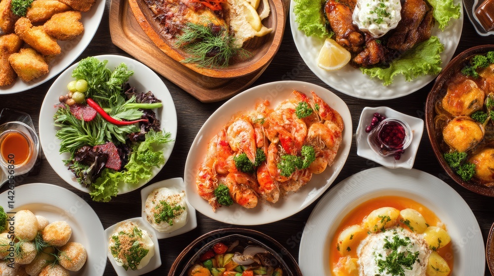Diverse array of prepared dishes for a multi-course meal. Diverse array of prepared dishes for a multi-course meal.