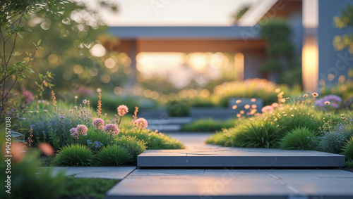 Fototapeta Naklejka Na Ścianę i Meble -  A beautiful garden pathway with blooming flowers and sunlight creates a tranquil scene.
