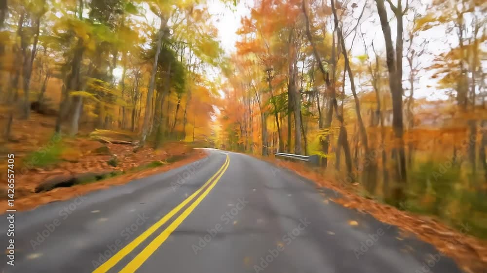 Driving POV Through Vibrant Autumn Forest on Winding Road Scenery Driving POV Through Vibrant Autumn Forest on Winding Road Scenery