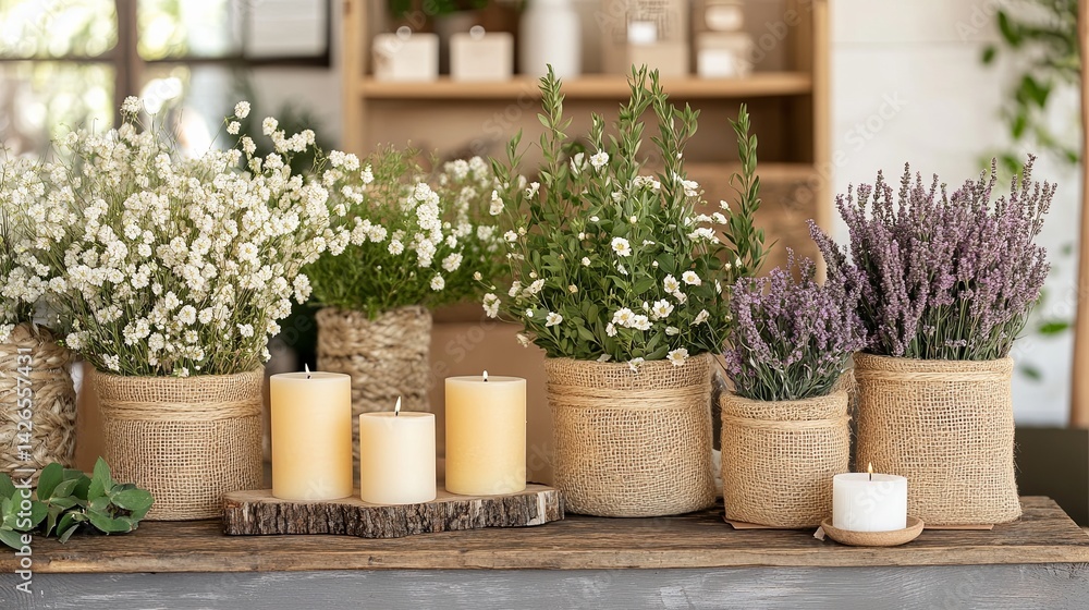 Mother's Day display with pressed flowers, candles, and jute-wrapped planters . Mother's Day display with pressed flowers, candles, and jute-wrapped planters .