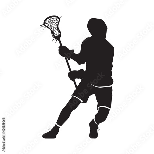 Lacrosse Player in Action Silhouette, Sports Vector Illustration