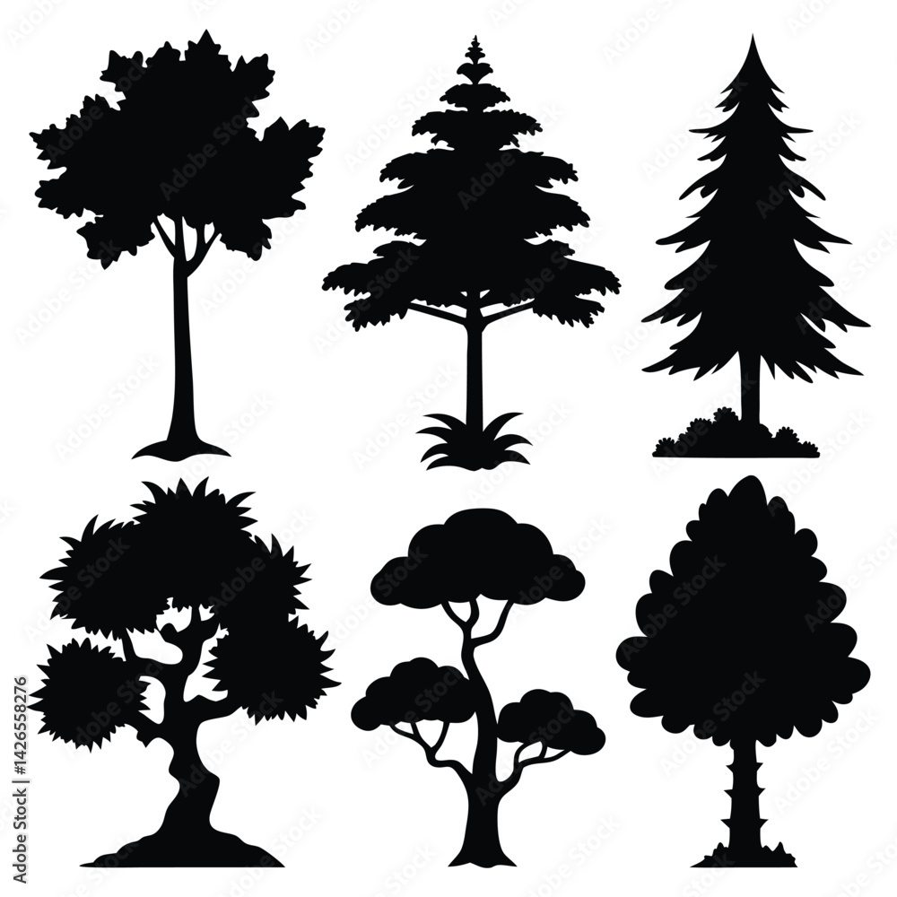 Fototapeta premium Vector silhouette of tree on white background. Tree silhouette vector. Isolated forest trees.