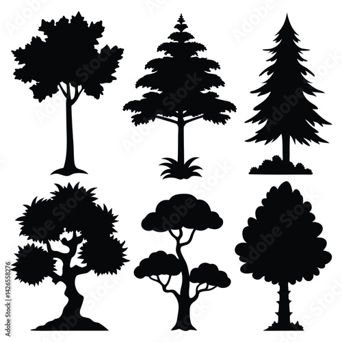 Vector silhouette of tree on white background. Tree silhouette vector. Isolated forest trees.