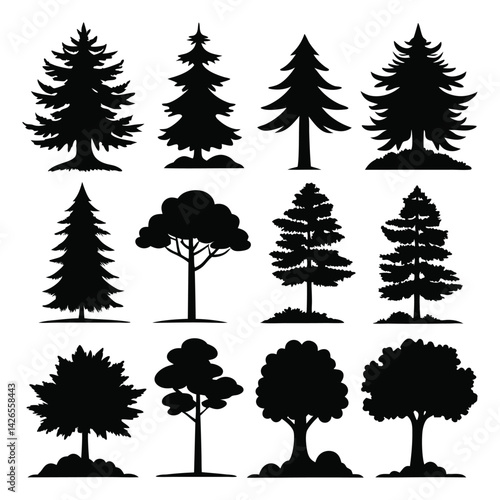 Vector silhouette of tree on white background.
