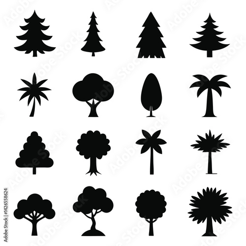 Vector silhouette of tree on white background.