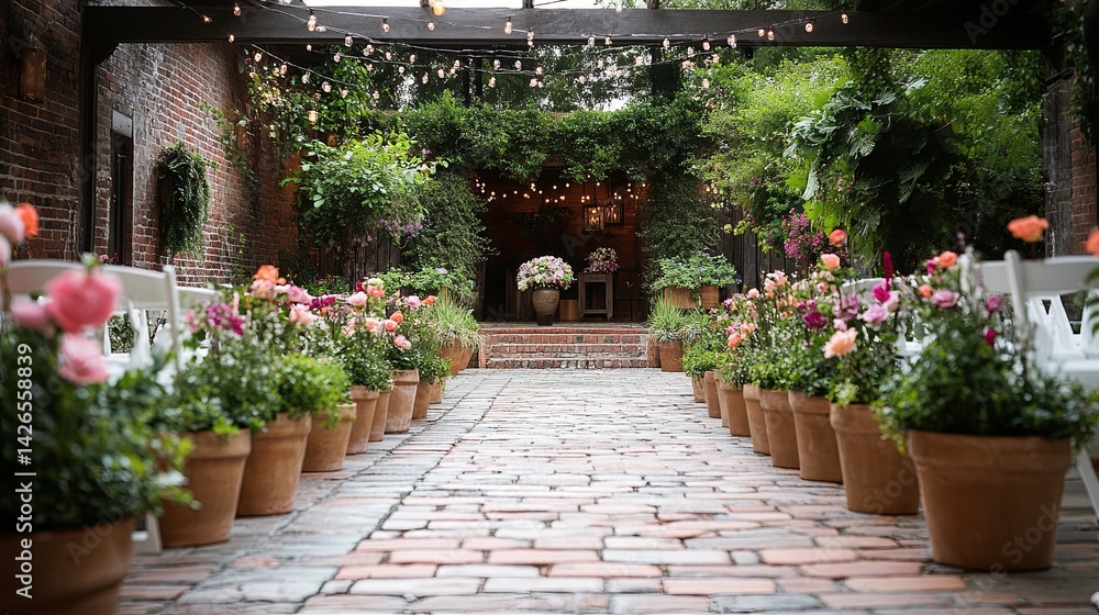Wedding aisle lined with potted plants to be gifted later . Wedding aisle lined with potted plants to be gifted later .