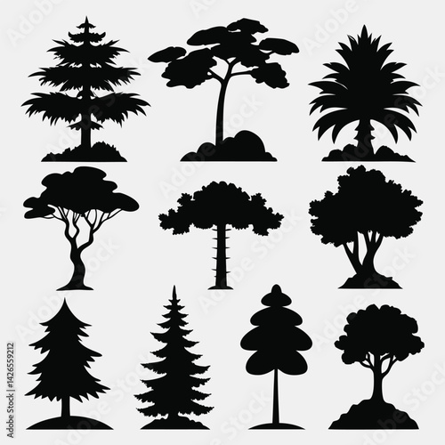 Vector silhouette of tree on white background.