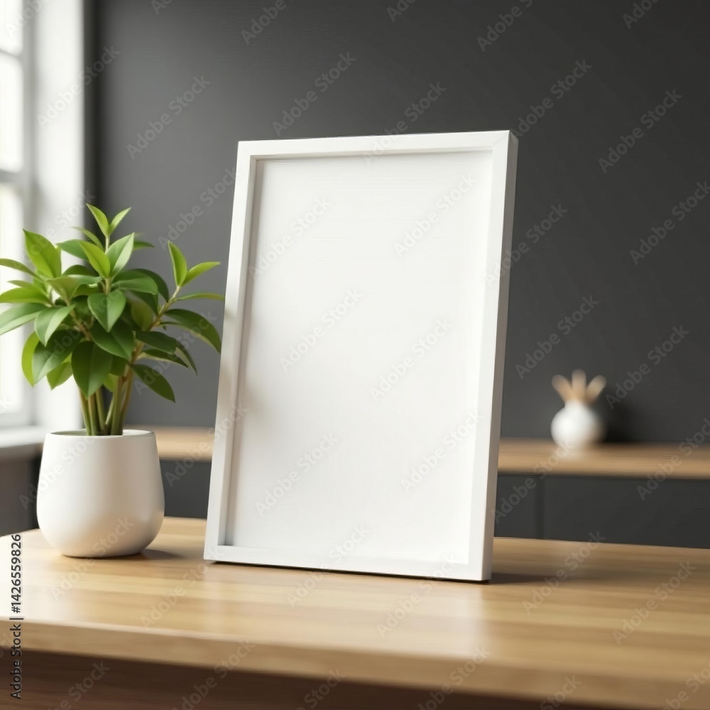 Minimal white mockup frame on wooden table in modern interior, frame, modern Minimal white mockup frame on wooden table in modern interior, frame, modern