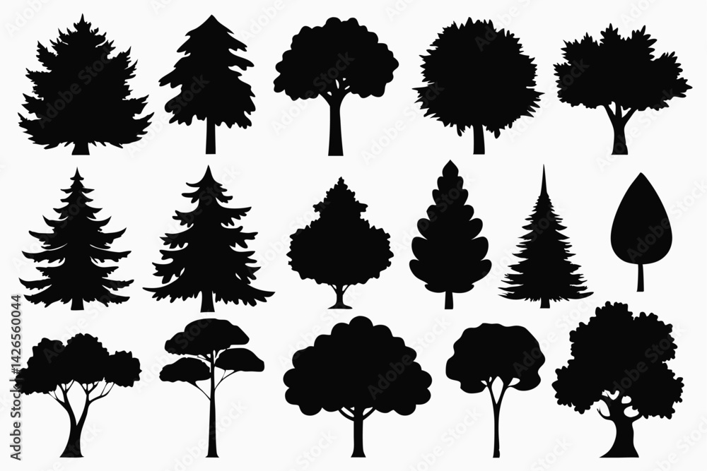 Fototapeta premium Vector silhouette of tree on white background. Tree silhouette vector. Isolated forest trees.