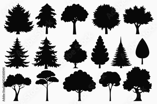 Vector silhouette of tree on white background. Tree silhouette vector. Isolated forest trees.
