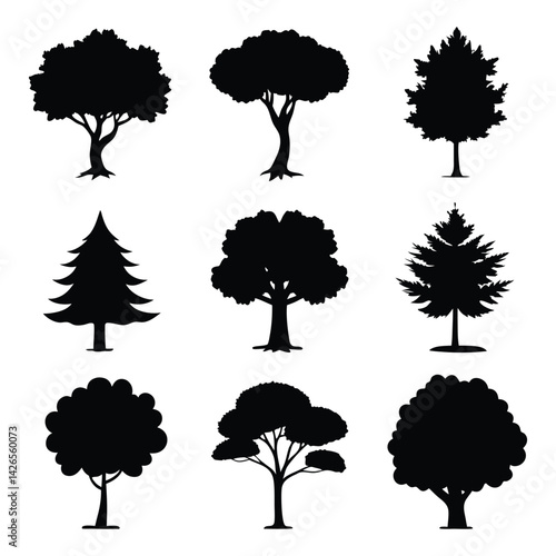 Vector silhouette of tree on white background.