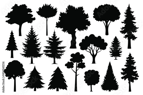 Vector silhouette of tree on white background. Tree silhouette vector. Isolated forest trees.
